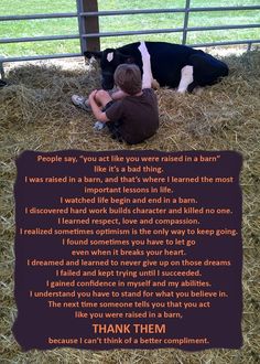 two people sitting in hay next to a cow with a poem written on the back