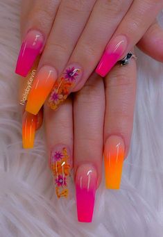 Pink Hoco Nails, Hawaiian Nails, Crystal Care, Orange Acrylic Nails, Hoco Nails, Ruby Crystal, Christmas Nails Acrylic, Summer Acrylic Nails, Pink Acrylic Nails