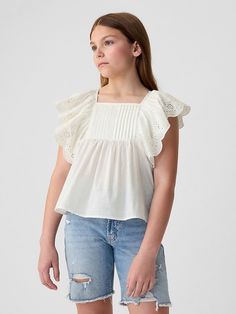 Saw this on Gap: Casual Gap Tops With Flutter Sleeves, Gap Casual Tops With Flutter Sleeves, Gap Ruffled Tops For Summer, Summer Ruffled Tops By Gap, Summer Ruffled Tops From Gap, Feminine Scalloped Edges Top For Summer, Spring Tops With Lace Trim And Butterfly Sleeves, Summer Tops With Scalloped Edges For Daywear, Elegant Cotton Eyelet Tops