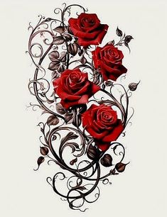 some red roses are in the middle of a black and white design on a white background