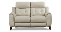 a white leather loveseat with wooden legs and arm rests on an isolated white background