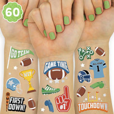 two hands with green nail polish holding up different stickers on their wrist and arm