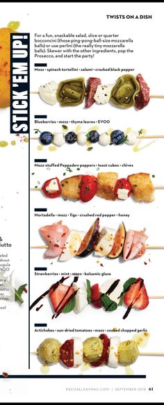 an advertisement for sushi on a stick with different types of meats and vegetables