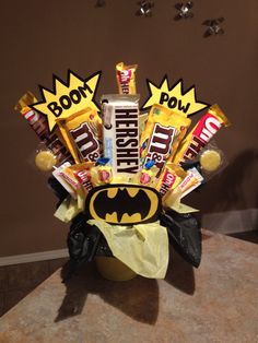 a batman candy bouquet with chocolate bars and candies