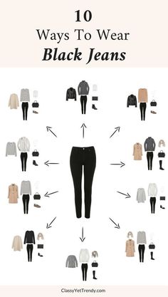 10 Ways To Wear Black Jeans - Black Jeans is one of the most versatile items in your closet. This one pair of jeans can be worn so many ways! Black jeans (like this budget-friendly pair) can be… More 10 Ways To Wear, Velvet Sneakers, Look Jean, Boyfriend Jacket, Fashion Capsule Wardrobe, Black Jeans Outfit, Mode Casual, Fashion Capsule