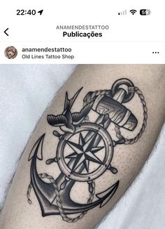 an anchor, wheel and compass tattoo on the right thigh with words underneath it that read anamedestatoo publicacees