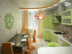 a modern kitchen with green and orange accents