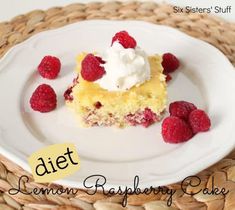 a piece of lemon raspberry cake on a white plate