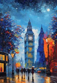 a painting of big ben in the rain with people walking down the street holding umbrellas