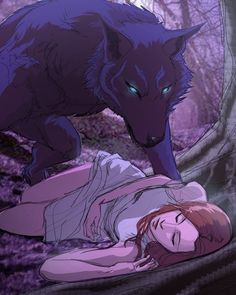 a woman laying on the ground next to a black wolf in a forest with purple leaves