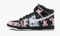 Nike and MoWax artist Unkle collaborated to create these Dunk High Pro SB sneakers which dropped in 2004. The black, pink and white upper features artwork by famed graffiti artist Futura in a leather combo. Nike Sb Shoes, Buy Nike Shoes, Breathable Sneakers