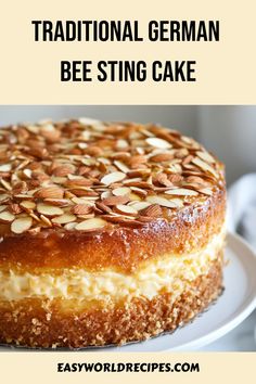 a traditional german bee sting cake on a white plate with the words, traditional german bee sting cake