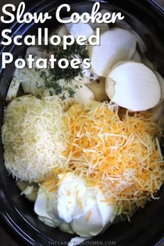 slow cooker scalloped potatoes in a crock pot with cheese and grated parmesan