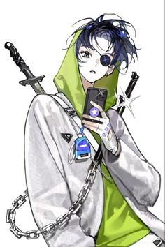 an anime character holding a cell phone and chain around his neck, wearing a green hoodie