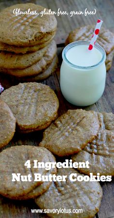 four ingredient nut butter cookies with a glass of milk