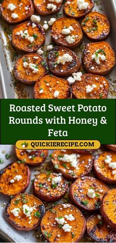 roasted sweet potato rounds with honey & feta on a baking sheet and in a casserole dish