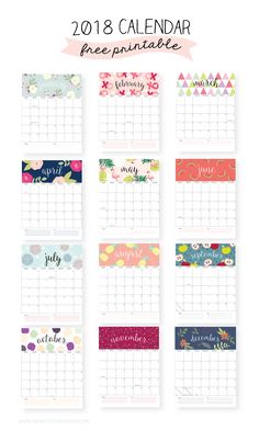 the printable calendar for 2018 is shown with colorful flowers and leaves on it's side