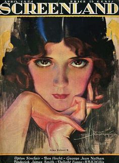 the cover of screenland magazine with a woman's face and hands on her chest