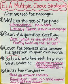 a close up of a piece of paper with writing on it and an ela multiple choice strategy