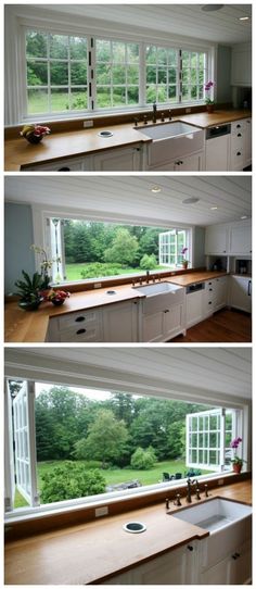 three pictures of the inside of a kitchen and outside of a living room with windows