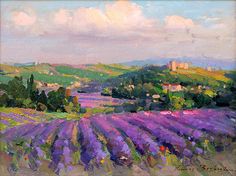 an oil painting of lavender fields in bloom