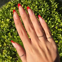 Red Tip Nails, White Stiletto Nails, Red Stiletto Nails, Red Acrylic Nails, Red Nail Polish, Oval Nails, Acrylic Nail Art