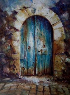 an oil painting of a blue door on a stone wall