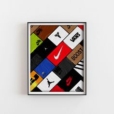 an art piece with many different types of logos on it, including the nike logo