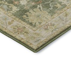 an area rug with green, beige and tan colors on the bottom half of it