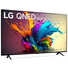 the lg qned miniled tv is shown with colorful paint splashs on it