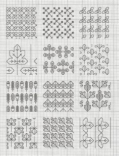 the cross stitch pattern is shown in black and white, with different designs on it