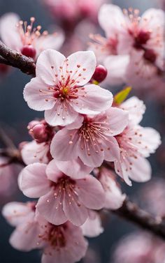 pink flowers are blooming on a tree branch