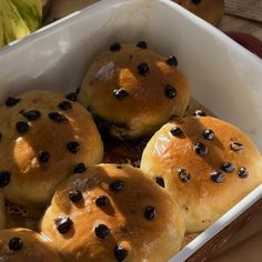 rolls with chocolate chips in a baking dish