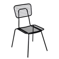 a black metal chair sitting on top of a white background