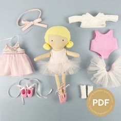 the doll is next to several ballet accessories