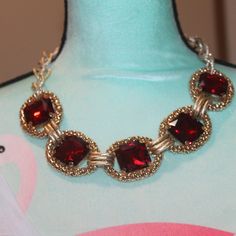 Nwtags: Gold Tone Chain With 5 Circle With Large Beautiful Red Rhinestones In The Middle Of Them, Each Circle Is 2" And The Stone In Side Is 1"+1", This Is A Beautiful Chain That Is Use In This Necklace, 20" Red Costume Jewelry Necklaces For Party, Red Stone Necklaces For Formal Occasions, Elegant Red Necklace With Stones, Red Rhinestone Necklace For Party, Red Stone Necklace For Formal Occasions, Red Rhinestone Party Necklaces, Round Ruby Necklace For Party, Formal Red Stone Necklaces, Red Jeweled Costume Jewelry