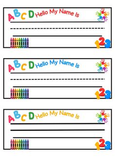 two name tags with crayons on them for kids to write their name in