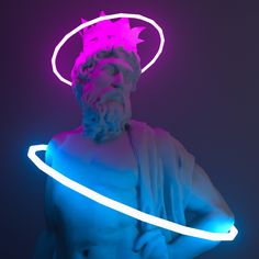 a statue with a neon ring around it's neck and head in front of a dark background