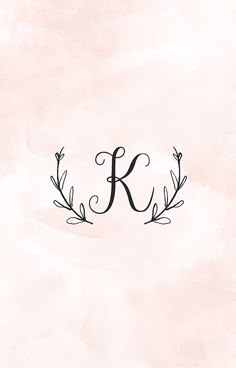 the letter k is made up of branches and leaves on a pink watercolor background