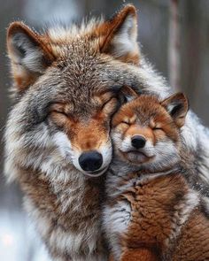 two foxes cuddle in the snow with their heads on each other's shoulders