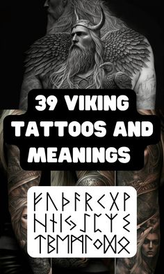 tattoos and meaningss with the words viking on it in black and white, including an image