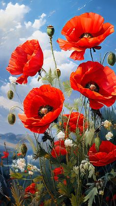 a painting of red poppies and white daisies on a blue sky with clouds