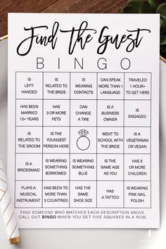 a printable wedding game with the words, find the guest and ring on it