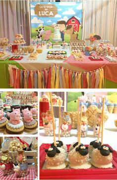 a table with many desserts on it and some decorations in the shape of animals