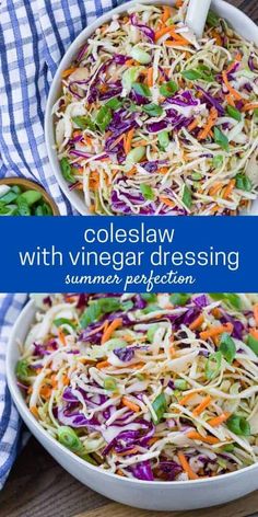 coleslaw with vinegar dressing in a white bowl on top of a wooden table