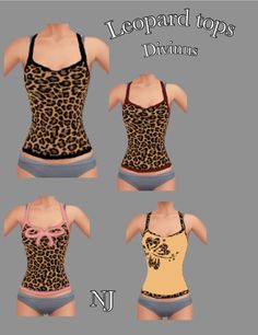 four different types of women's bathingsuits with leopard print and pink bows