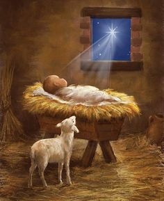 a painting of a baby jesus in a manger with a sheep next to it