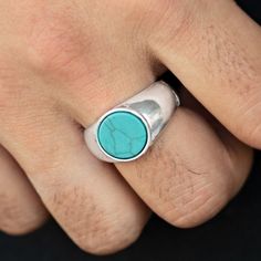 Featuring A Faux Marble Finish, A Flat Turquoise Stone Is Pressed Into The Center Of A Classic Silver Band. Features A Stretchy Band For A Flexible Fit. Sold As One Individual Ring. Marble Rings, Marble Finish, Blue Ring, Mens Silver Rings, Paparazzi Accessories, Ring Color, Blue Marble, Mens Accessories Jewelry, Faux Marble