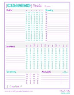 a printable cleaning checklist with the words daily and weekly written in purple on it