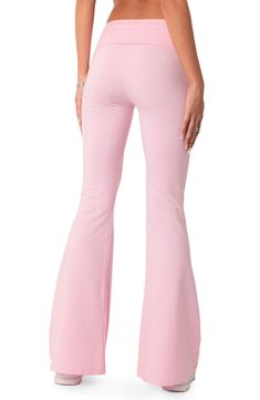 These shapely, stretchy cotton knit pants are topped with a fold-over banded waist and finished with flared legs. 95% cotton, 5% spandex Machine wash, dry flat Imported Light Pink Flare Leggings, Light Pink Flare Pants Outfit, Cute All Pink Outfits, Pink Y2k Clothes Png, Foldover Flare Leggings, Cute Bottoms Pants, Clothes 2024 Trends, Light Pink Clothing, Pink Stretch Sweatpants For Loungewear